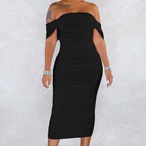 Off-Shoulder Ruched Midi Dress Black Strapless Bodycon Holiday Cocktail Dress
